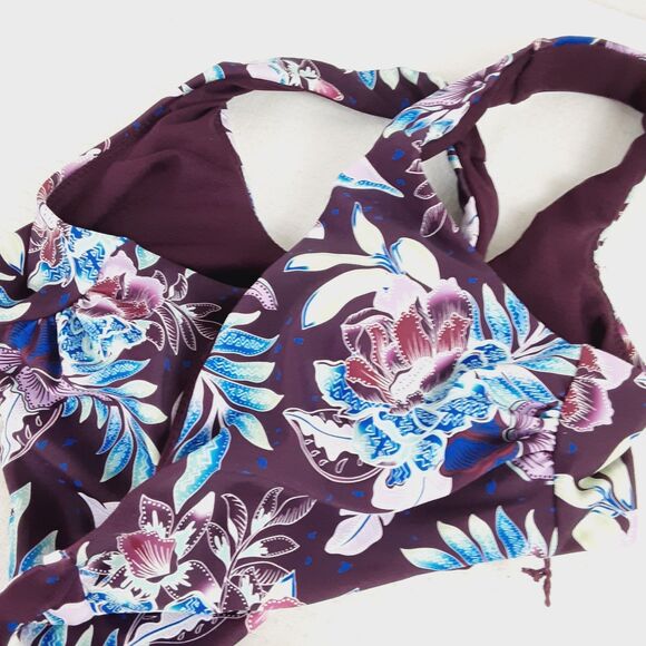 Decree Womens Small Wrap Style Front Purple Plum Tropical Floral Bikini Top - Picture 14 of 14